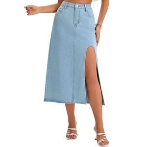 Women's Long Denim Skirt Casual Fall Y2K Midi High Slit Jean Skirts